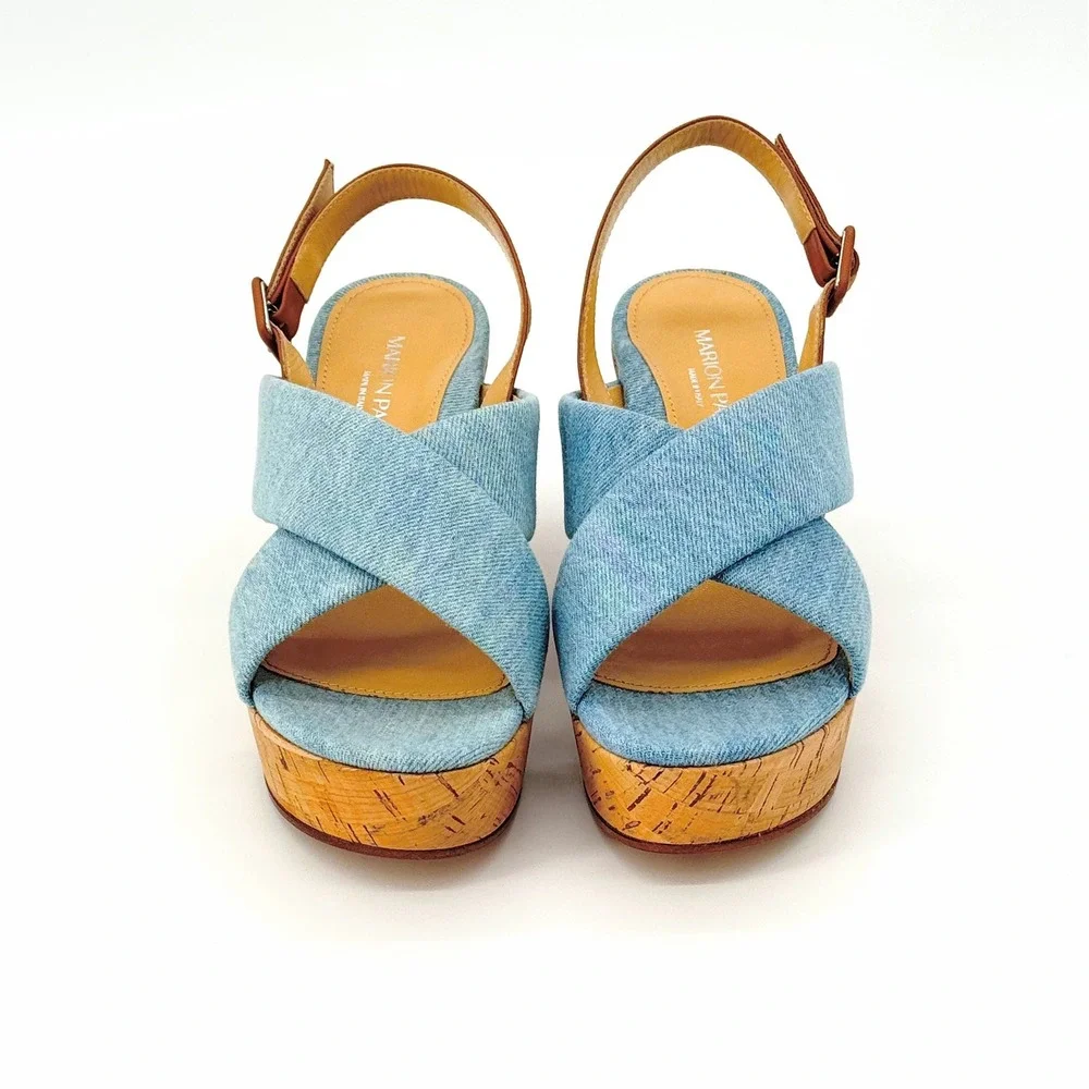Marion Parke Maren Wedge Sandal Blue Denim Caramel Leather Cork IT 38 US 8